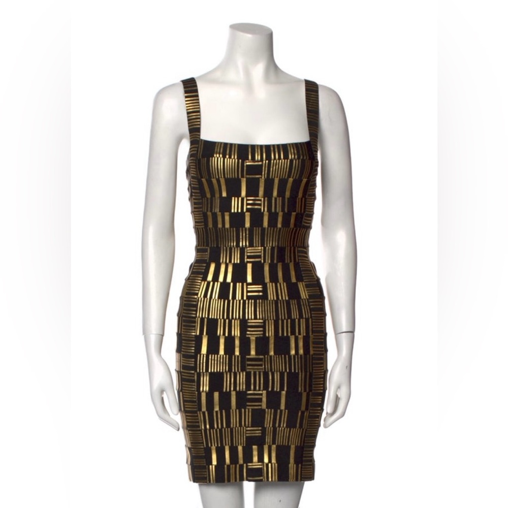Herve Leger Black and Gold Strapless Dress